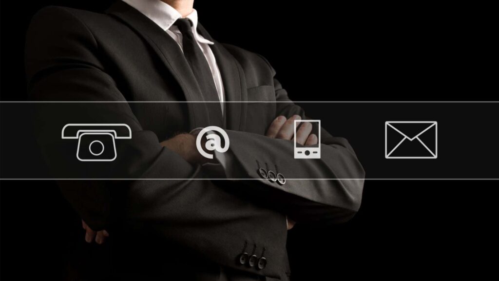 www.canva.com - Contact Icons over Businessman Crossing Arms on Front by Gajus